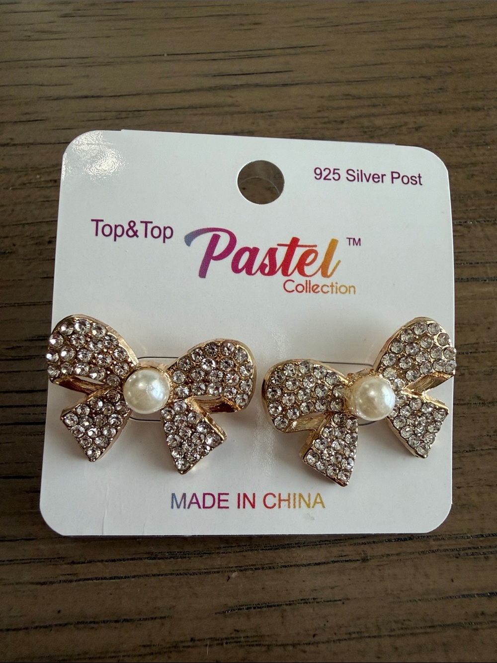 Rhinestone and Pearl bow earrings post for pierced ears gold tone
